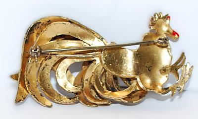 Vintage-Style Red, Green & Gold Colored ROOSTER BROOCH (2½" x 1¼") on a "Brass" Colored Setting