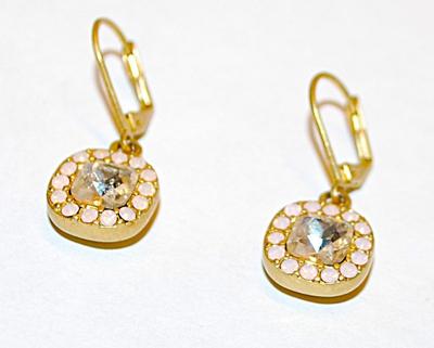 Beautiful Marked "Lia Sophia" PINK STONES EARRINGS Set with Square Center Clear Stone and SNAP Clasp