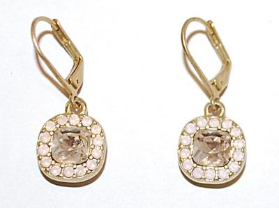 Beautiful Marked "Lia Sophia" PINK STONES EARRINGS Set with Square Center Clear Stone and SNAP Clasp