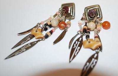 Tribal-Style EARRINGS Set with Multi-Color Beads & "Spear/Feather" Accents and Stud Post Clasp