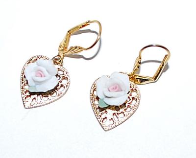 Ceramic "WHITE ROSE on a HEART" EARRINGS Set and Gold Tone Setting and Leverback Clasp