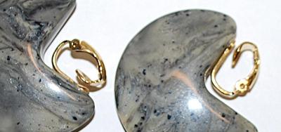 Gray Spotted "C" Shaped Polished STONE EARRINGS Set with Spring Snap Clasp