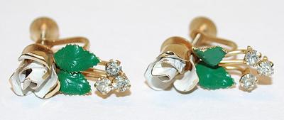 Metal White Rose EARRINGS Set with Triple Clear Stone Accents and Green Metal Leaves with a Screw-On Clasp