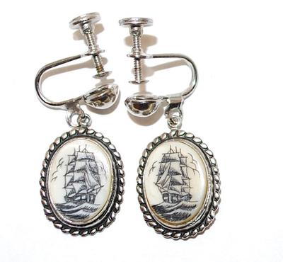 Oval Acrylic "SAILING SHIPS" EARRINGS Set with Rope Style Perimeter and Stud Post Clasp