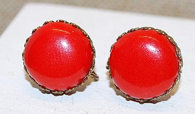 Vintage Style Bright RED Bead Earrings (¾" Circ.) Nested in a Gold Tone Setting with a Screw Type Clasp