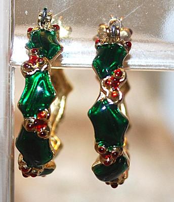 Vintage HOLLY SPRIG & Triple RED Stones EARRINGS Pair (1¼" Diam.) with Gold Tone Setting and Hoop Clasp