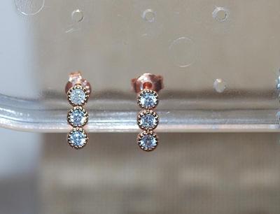 Rose Gold Setting Earrings (½") with 3 Round Clear Stones on a Stud Clasp