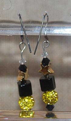 Vintage Style Gold Colored Globes & Black Blocks Earrings (1¼") Set with Wire Hook Clasp