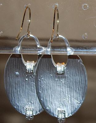 Dimpled Silver Colored Long Oval Earrings (1½") with Vertical Gold Tone Stripe and Wire Hook Clasp