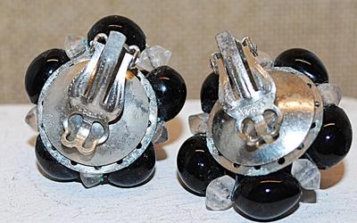 VINTAGE 1950's BLACK & CLEAR Assorted Size Bead Earrings (1" Circ.) with Snap-On Clasp