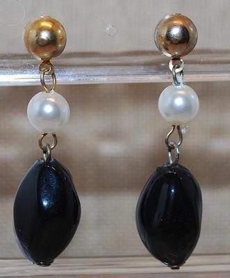 White Faux Pearl & Black Bauble Earrings (2") with Stud Clasp