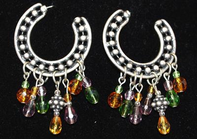 Horseshoe Shape Post Earrings Pair with Colored Bead Dangles 2¼" Diameter
