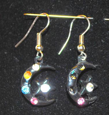 Star and Crescent Moon Earrings with Multi-Color Stone Accents ¾" Diam.
