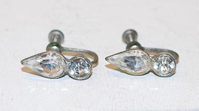 VINTAGE 1930-1940's Silver Colored Earrings with a Pear & Round Stones Set with a Screw Style Clasp