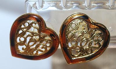 Vintage Gold Colored Grill HEART Earrings Set (1") with Amber & Black Edge and a Stud Style Clasp