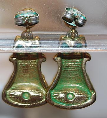 Vintage GREEN & GOLD Colored BELL EARRING Pair (1" x ½") with Bow and Stud Style Clasp