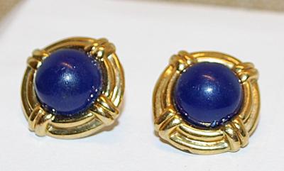 Deep Blue Cabochon Stone EARRINGS - Marked "WHITE STAG" - with a Gold Tone Perimeter and Stud Post Clasp