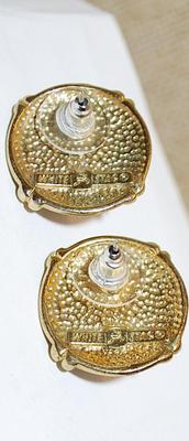 Deep Blue Cabochon Stone EARRINGS - Marked "WHITE STAG" - with a Gold Tone Perimeter and Stud Post Clasp