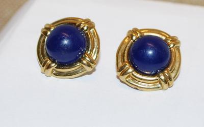 Deep Blue Cabochon Stone EARRINGS - Marked "WHITE STAG" - with a Gold Tone Perimeter and Stud Post Clasp