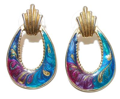 CLOISONNE' Style Oblong Blue & Purple EARRINGS with "Crown" Accent and Stud Post Clasp