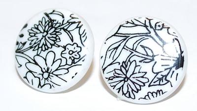 Black Line Flower Design EARRINGS on White Acrylic Circle with Gold Tone Stud Post Clasp