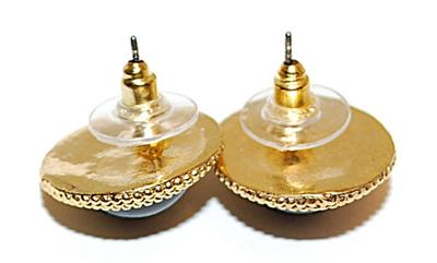 Black Cabochon Stone EARRINGS with Gold Tone Perimeter and Stud Post Clasp