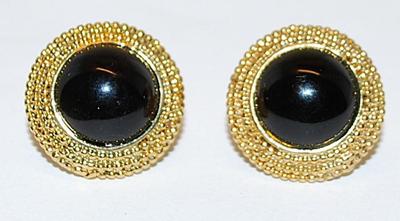 Black Cabochon Stone EARRINGS with Gold Tone Perimeter and Stud Post Clasp