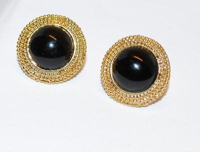 Black Cabochon Stone EARRINGS with Gold Tone Perimeter and Stud Post Clasp