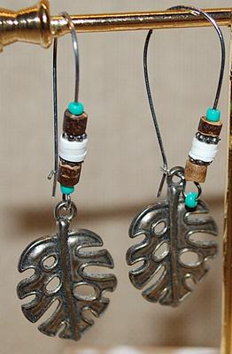 Serrated Metal Leaves EARRINGS with Bead Accents and Snap Hook Clasp