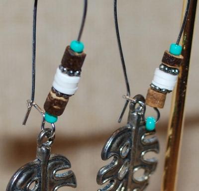 Serrated Metal Leaves EARRINGS with Bead Accents and Snap Hook Clasp