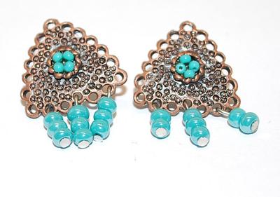Brass Colored Triangles EARRING Set with Aquamarine Beads (3 on 1 earring and 2 on the other) with a Stud Post Clasp