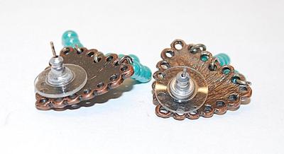 Brass Colored Triangles EARRING Set with Aquamarine Beads (3 on 1 earring and 2 on the other) with a Stud Post Clasp