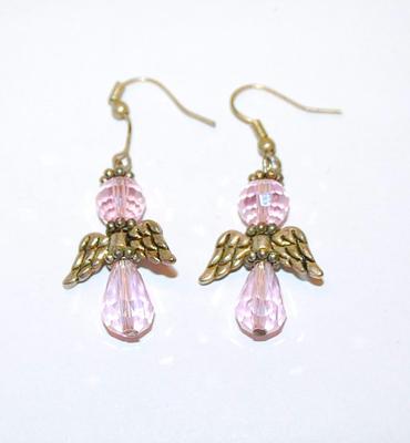 Pink Beads "ANGEL" EARRINGS Set with Metal "Wings" and a Wire Hook Clasp