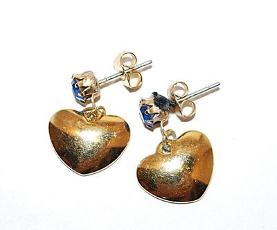 Gold Colored HEARTS EARRING Set with Single Blue Stone Accent and Stud Post Clasp