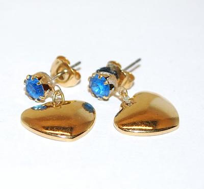 Gold Colored HEARTS EARRING Set with Single Blue Stone Accent and Stud Post Clasp