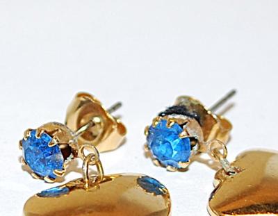 Gold Colored HEARTS EARRING Set with Single Blue Stone Accent and Stud Post Clasp