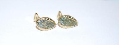 Silver Gray-Green Ground Stone EARRINGS Set and Gold Tone Teardrop Shaped Setting and Leverback Snap Clasp