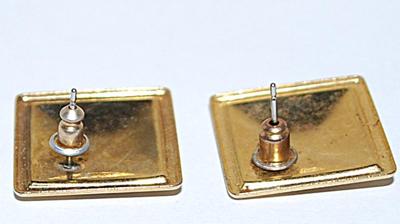 Acrylic GRAPHIC DESIGNED Square EARRINGS Set with Metal Gold Tone Setting and Stud Post Clasp
