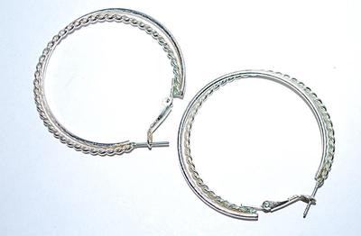 Silver Colored Rope-Style HOOP EARRINGS (1¾" Diam.) Set with Double Rings and Huggie Clasp