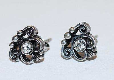 Delicate Single Center Clear Stone EARRINGS Set on Blackened Graphic Designed Setting and Stud Post Clasp