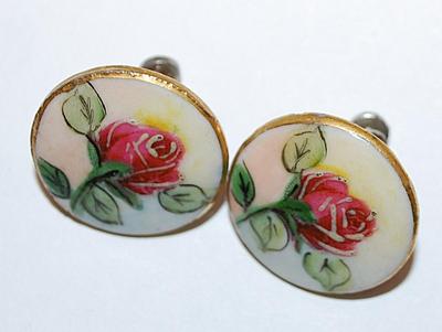 Vintage ROSE FLOWER Ceramic EARRINGS (¾" Diam.) Set with Screwback Clasp