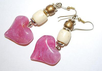 Vintage LARGE Pink HEARTS EARRINGS Set with White Barrel Accents and Wire Hook Clasp