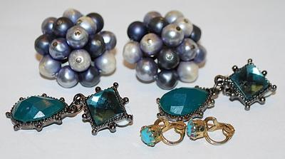 Vintage Collection of 3 EARRINGS Sets with Gray Clusters, Green Teardrops and Single Aquamarine Stones