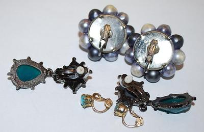 Vintage Collection of 3 EARRINGS Sets with Gray Clusters, Green Teardrops and Single Aquamarine Stones