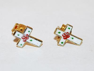 Delicate "ROSE on a CROSS" EARRINGS Set (¼") on a White Base and Green Spots and Stud Post Clasp