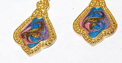 "Cloisonne' Style" Enamel Dangle EARRINGS Set with Gold Tone Surround and Wire Hook Clasp