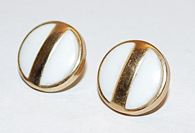 Vintage White Enamel Button-Style EARRINGS Set with Center Gold Colored Stripe and Stud Post Clasp