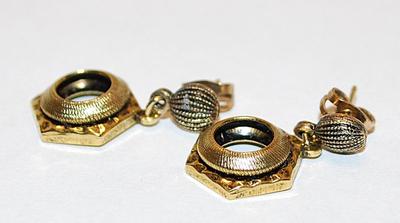 Brass Colored HEXAGON EARRINGS Set with Capped Stud Post Clasp
