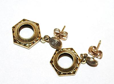 Brass Colored HEXAGON EARRINGS Set with Capped Stud Post Clasp