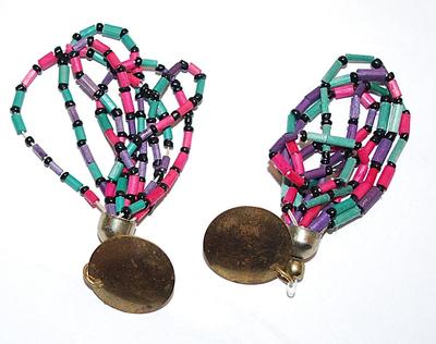 Pink & Green Tube Style BEAD EARRINGS Set with Gold Colored Disks and Stud Post Clasp